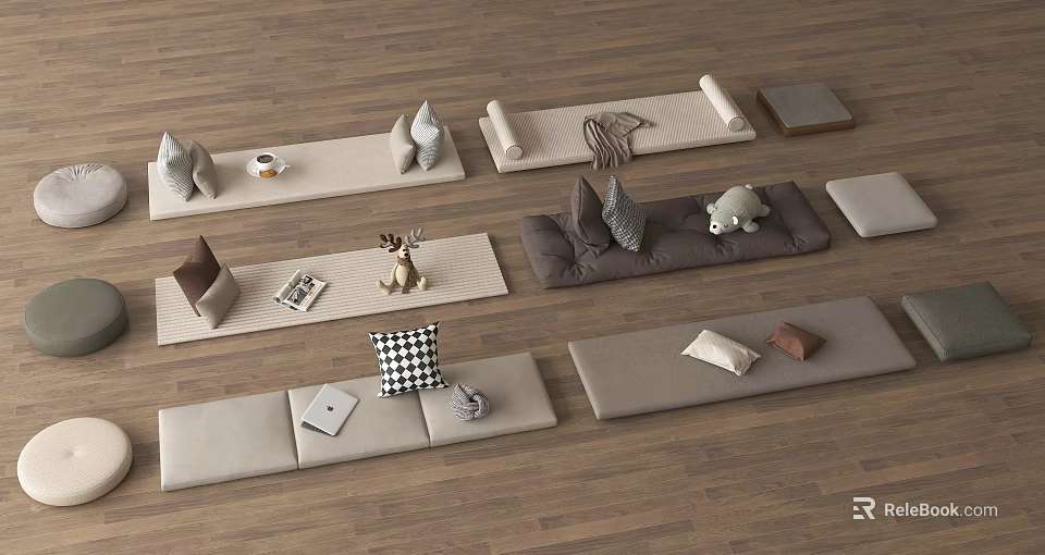 Cozy Living Supplies Arrangement with Colored Cushions Throw Pillows and Decorative Items on Wooden Floor 3d model 