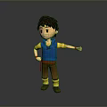 3D Cartoon Game Movie Character Boy Wearing Blue Vest Yellow Sleeves Standing with Outstretched Hand