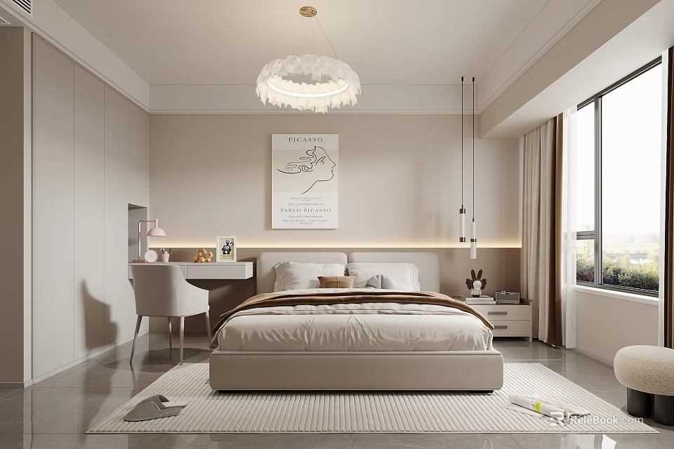 Modern Minimalist Bedroom Interior With Cloud Chandelier Bed Desk And Neutral Tones 3d model 