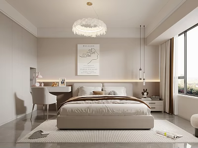 Modern Minimalist Bedroom Interior With Cloud Chandelier Bed Desk And Neutral Tones 3d model