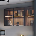 Modern Decorative Cabinet with Glass Doors Wooden Shelves Books and Interior Lighting