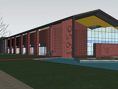 Modern Red Brick Building With Large Glass Windows Yellow Black Roof Lawn And Water Pool 3d model