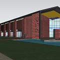 Modern Red Brick Building With Large Glass Windows Yellow Black Roof Lawn And Water Pool