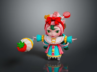 Adorable Children's Doll With Pink Hair Green Forehead Candy Decorations And Strawberry Toy 3d model