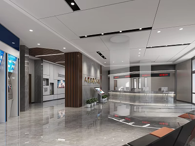 Modern Public Service Hall Interior With Spacious Lobby Service Counters And Self Service Kiosks 3d model
