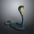 Blue and Yellow Snake with Coiled Body Raised Head and Flicking Tongue on Dark Background