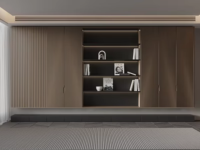 Modern Wooden Bookcase Interior Design Featuring Open Shelves Books And Decorative Items 3d model