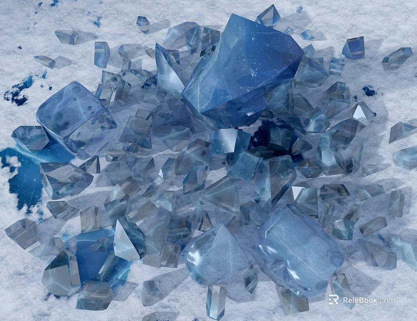 Transparent Blue Crystal Pieces With Geometric Facets On White Surface 3d model