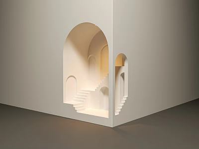 Warmly Lit Minimalist White Architectural Structure With Arched Openings And Staircase 3d model