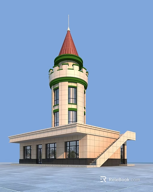 Traditional Tower Featuring Red Cone Roof Green Decorative Bands White Exterior Walls And Windows Design 3d model 