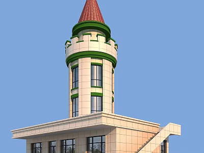 Traditional Tower Featuring Red Cone Roof Green Decorative Bands White Exterior Walls And Windows Design 3d model