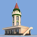 Traditional Tower Featuring Red Cone Roof Green Decorative Bands White Exterior Walls And Windows Design