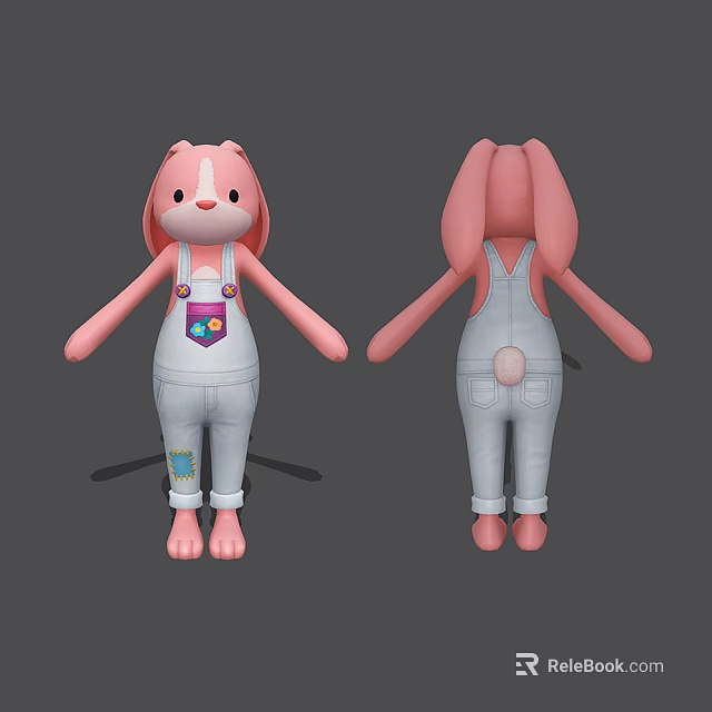 Cute Pink Rabbit Game Animated Character Wearing White Overalls And Cartoon Design 3d model 