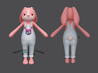 Cute Pink Rabbit Game Animated Character Wearing White Overalls And Cartoon Design 3d model