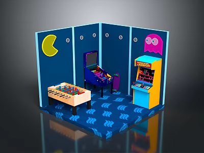 Colorful Pac-Man Themed Game Room Interior With Pinball Machine Arcade Cabinet And Board Game Table 3d model