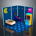 Colorful Pac-Man Themed Game Room Interior With Pinball Machine Arcade Cabinet And Board Game Table