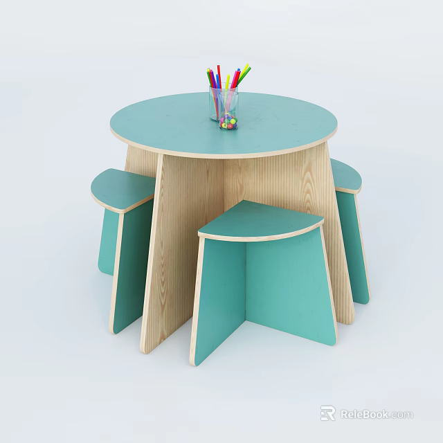 Round Kids Table Green Top Wooden Legs Green Stools with Colorful Crayons in Glass Cup 3d model 