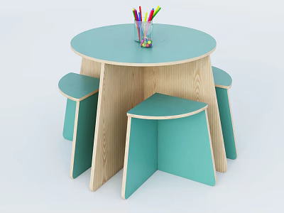 Round Kids Table Green Top Wooden Legs Green Stools with Colorful Crayons in Glass Cup 3d model