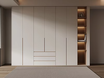 Modern White Wardrobe Design In Bedroom With Wooden Shelves And Lighting 3d model