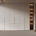 Modern White Wardrobe Design In Bedroom With Wooden Shelves And Lighting
