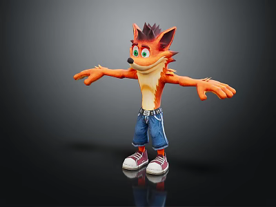 Cartoon Fox Character 3D Model With Orange Fur Green Eyes Blue Jeans Red White Sneakers 3d model