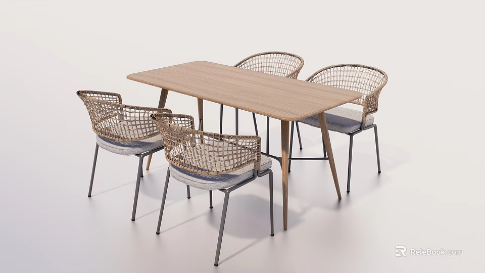 Modern Rectangular Dining Table Set With Four Rattan Chairs And Wooden Top 3d model