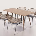 Modern Rectangular Dining Table Set With Four Rattan Chairs And Wooden Top 3d model