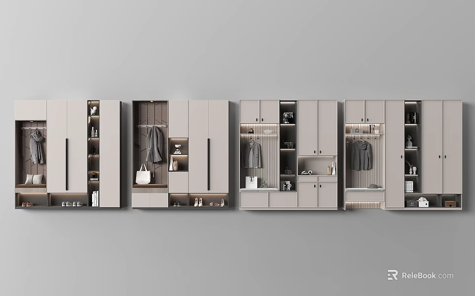 Modern Light Gray Shoe Cabinet With Storage Compartments And Hanging Space Design 3d model