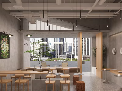 Modern Cafe Interior Design With Wooden Tables Chairs Green Plants And City View Windows 3d model