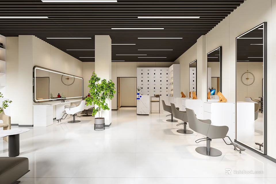 Modern Beauty Hair Salon Interior Design With White Styling Chairs Mirrors And Green Plant 3d model 