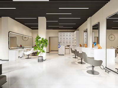 Modern Beauty Hair Salon Interior Design With White Styling Chairs Mirrors And Green Plant 3d model