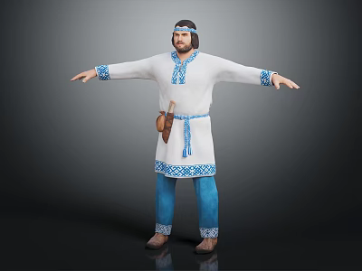 Traditional Male Character In White Robe With Blue Patterns Headband Waist Pouch And Outstretched Arms 3d model