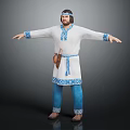 Traditional Male Character In White Robe With Blue Patterns Headband Waist Pouch And Outstretched Arms