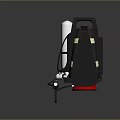 Red Fire Extinguisher with Black Handle Hose and Spray Nozzle on Dark Reflective Surface