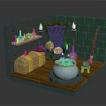 Enchanting Wizard Chamber With Stone Cauldron Purple Throne Brick Walls Bottles Pumpkins Chest And Broom
