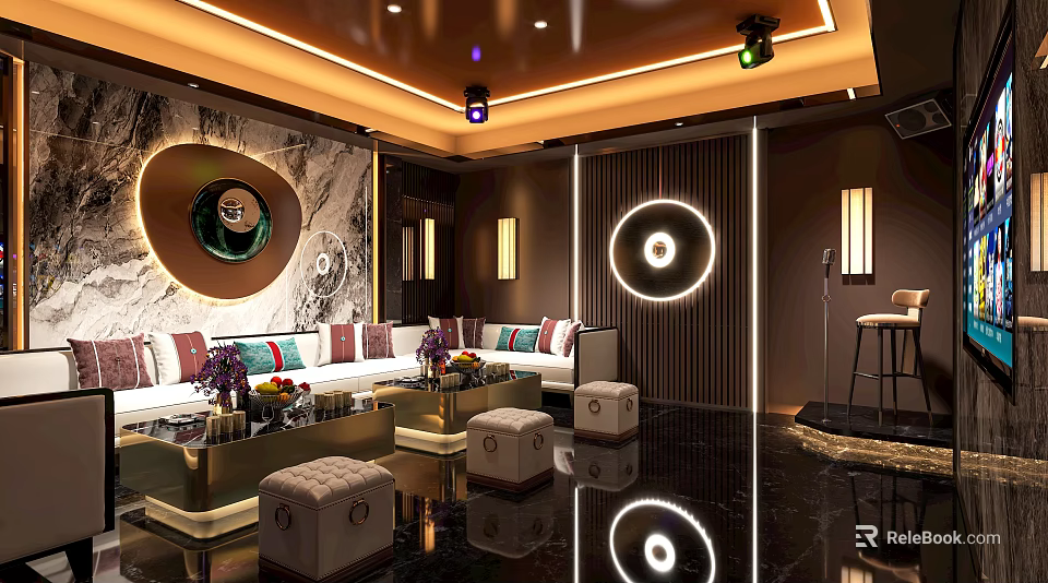 Luxurious Modern KTV Interior Design With Circular Decorations Sofas And Ambient Lighting 3d model