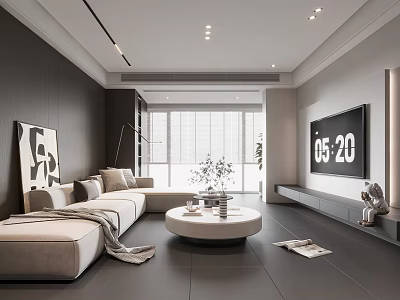 Modern Living Room Interior Design With L Shaped Sofa Round Coffee Table And Large TV 3d model