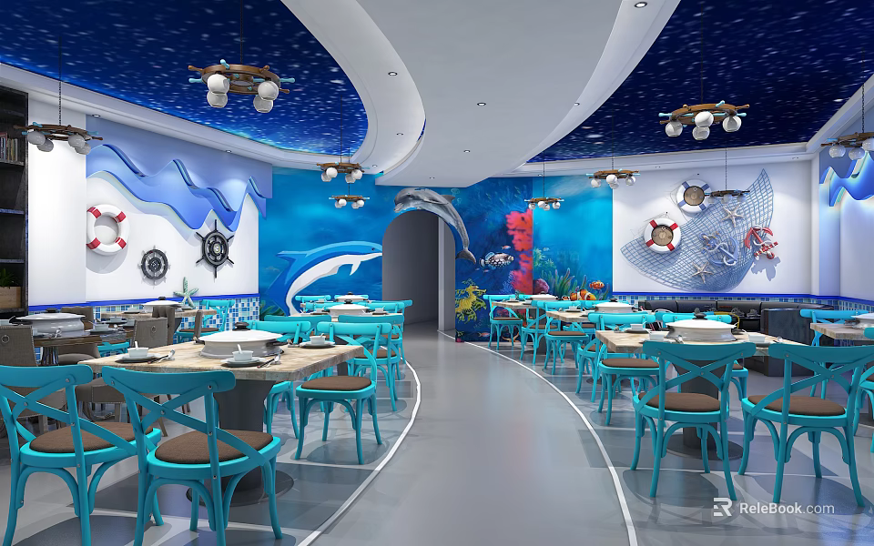 Marine Themed Restaurant Interior With Blue Walls Starry Ceiling Marine Elements And Blue Tables Chairs 3d model 