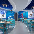 Marine Themed Restaurant Interior With Blue Walls Starry Ceiling Marine Elements And Blue Tables Chairs