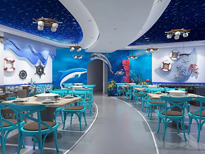 Marine Themed Restaurant Interior With Blue Walls Starry Ceiling Marine Elements And Blue Tables Chairs 3d model