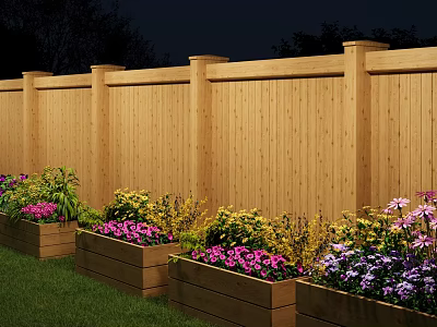 Wooden Building Exterior Wall With Flower Boxes And Colorful Flowers And Green Grass 3d model