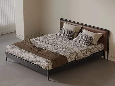 Modern Double Bed with Brown Headboard Patterned Bedspread and Pillows in Minimalist Bedroom 3d model