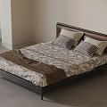 Modern Double Bed with Brown Headboard Patterned Bedspread and Pillows in Minimalist Bedroom