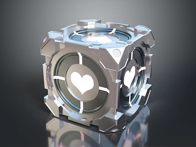 Advanced Silver Metallic Cube Shaped Weapon With Transparent Sections And White Heart Symbols 3d model