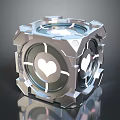 Advanced Silver Metallic Cube Shaped Weapon With Transparent Sections And White Heart Symbols