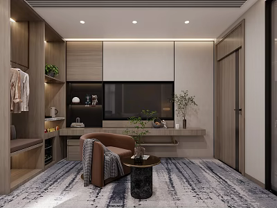 Modern Hotel Guest Room Interior With Wooden Elements Sofa TV Rug And Decorative Plants 3d model