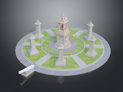 Classic Circular Monument Design With Central Tower Surrounding Pillars Grass Lawn And Stone Pathways 3d model