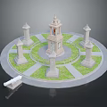 Classic Circular Monument Design With Central Tower Surrounding Pillars Grass Lawn And Stone Pathways