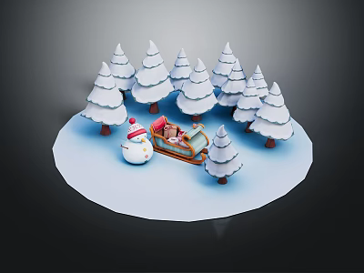 Cartoon Winter Scene With Snowy Trees Snowman And Sled With Cute Characters 3d model