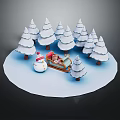Cartoon Winter Scene With Snowy Trees Snowman And Sled With Cute Characters